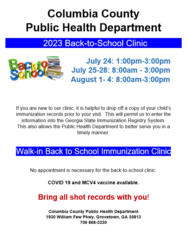 Columbia County Public Health Department's Wednesday walk-in clinics for school vaccinations